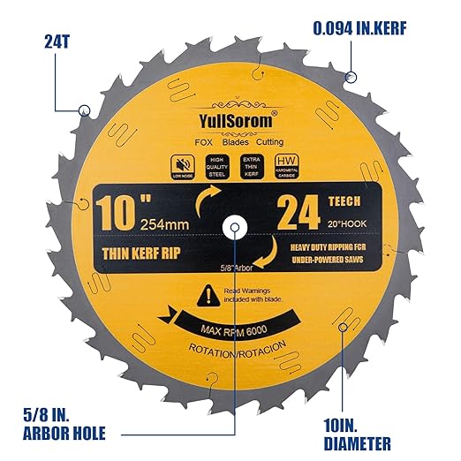 10 Inch Thin Kerf Ripping Table Saw Blade TCT 24 Teeth FTG 5/8-Inch Arbor for Wood Cutting