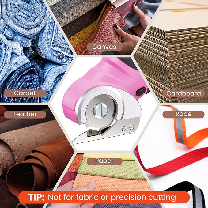 VLOXO Cardboard Cutter, Cordless Electric Scissors for Leather with Safety Lock, Box Cutter Electric Multi-Cutting Tools Rechargeable Powerful Scissors for Canvas Leather Plastic with Storage Box Pink
