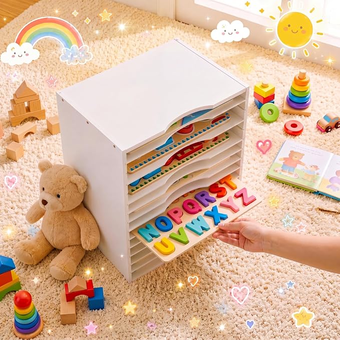 Ripeng 1 Pack Bamboo Puzzle Holder Rack, 12-Tier Adjustable Storage Organizer - Image 2
