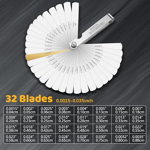 32 Blades Stainless Steel Feeler Gauge, Metric and Imperial Gap Measuring Tool Width and Thickness Feeler Gage Gauge for Spark Plug, Valve Adjustment Tool, 0.04-0.88 mm (0.0015-0.035 Inch)