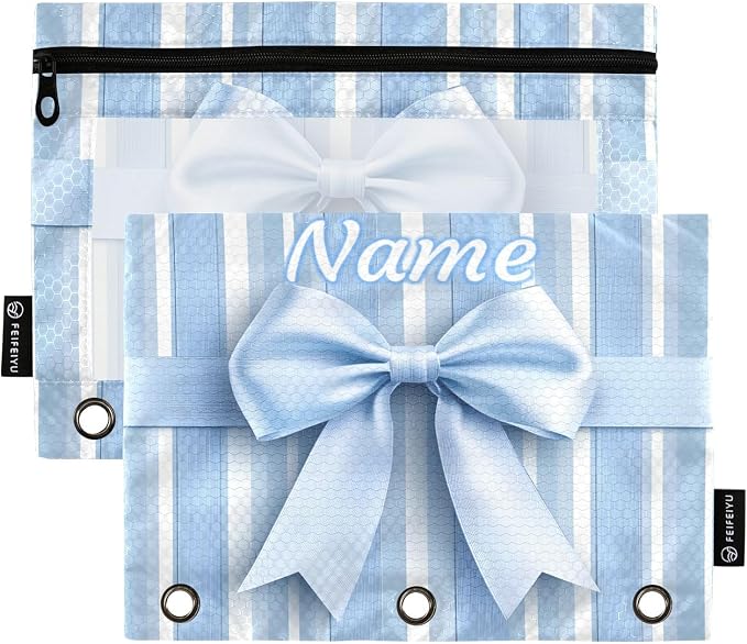 Custom Blue Striped Bow Pencil Pouch by BOENLE-WELCOMEYOURCOMING