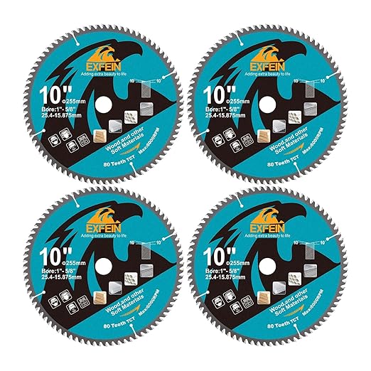 10 Inch Miter/Table Saw Blades 4pcs, 80 Teeth ATB TCT Fine Finish Wood Cutting Circular Saw Blade with 1 Inch Arbor
