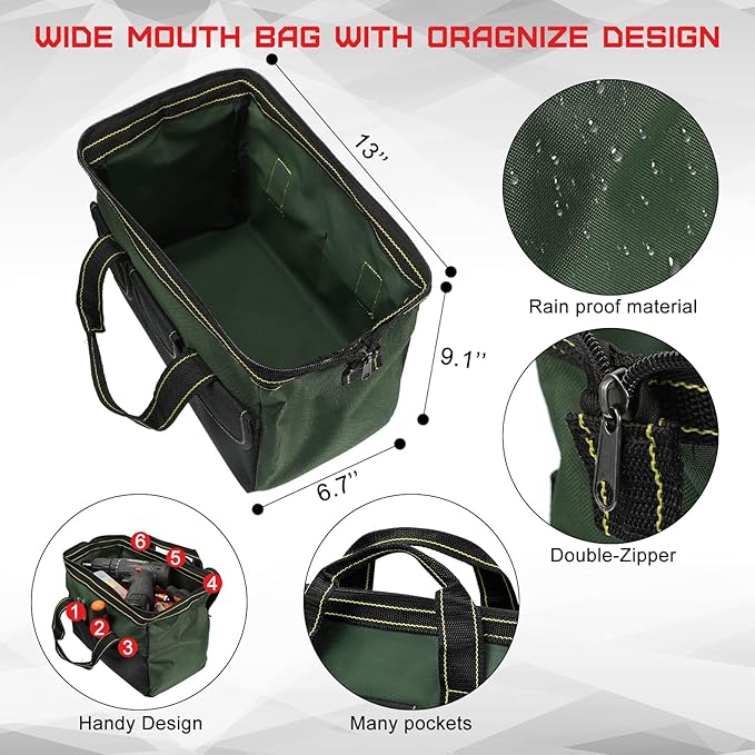 Cunno 4 Pieces Tool Bag with Waterproof Strong Molded Base Multi Pockets Wide Mouth Tool Tote Multifunctional Large Capacity Storage Organizer Heavy Duty(13 Inch,Multicolor)