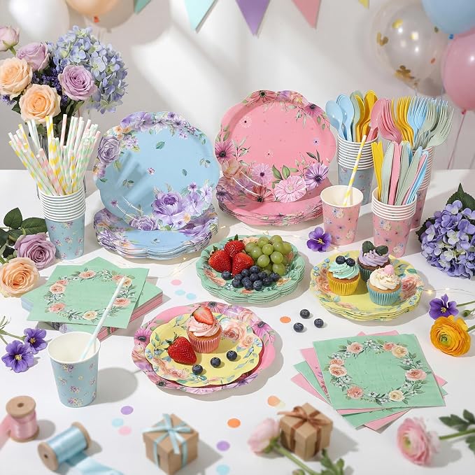 450 Pcs Floral Tea Party Tableware Set Decorations Scalloped Flower Paper - Image 6