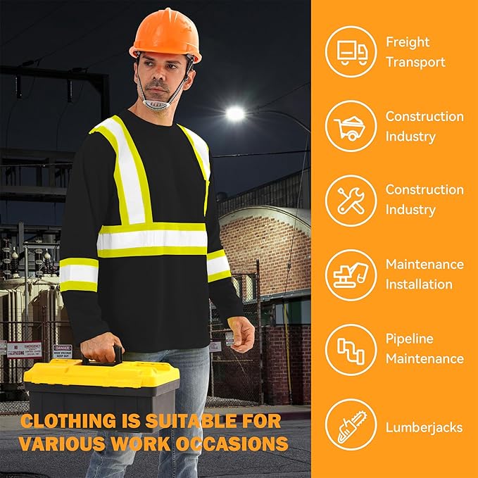 Hi Vis Safety Long Sleeve Shirts，High Visibility Class 3 T Shirts with Reflective Strips and Pocket, Quick Dry Mesh Construction Work Shirt for Men/Women (Black,2XL)