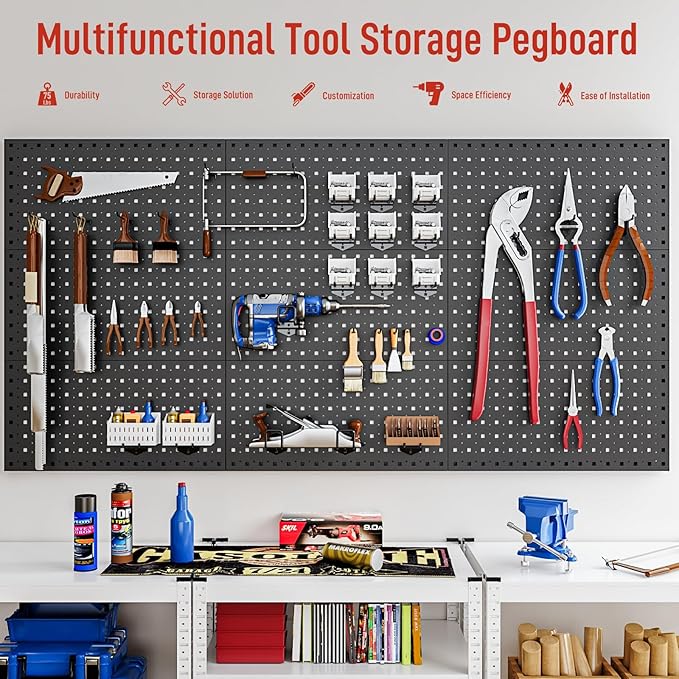 Peg Board, 4 Pack Metal Pegboard Panels Pegboards Wall Organizer with 24Pcs Hooks, Peg Board for Walls Garage Tool Storage Office Organization Kitchen Craft Room (Black, 4PCS with 24 Hooks)
