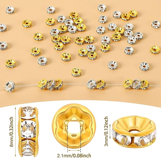 Augshy 700Pcs Rondelle Spacer Beads, 8 mm Silver and Gold Rhinestone Spacer - Image 2
