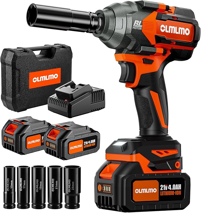 950N.m/700Ft-lbs Cordless Impact Wrench 1/2", 2 * 4.0Ah Battery Brushless Impact Wrench with Fast Charger, 5 Sockets Portable Suitcase for Car Tire DIY