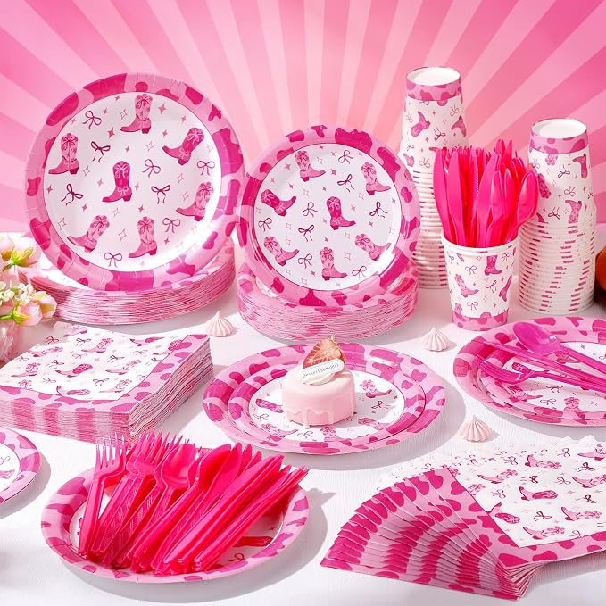 Pickmesh 400 Pcs Western Pink Cowgirl Party Plates and Napkin Decoration Disco - Image 6