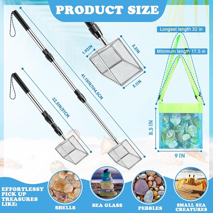 4Pack Shark Tooth Sifter, Retractable Long Handle Sand Dipper Shovel Tool - Image 4