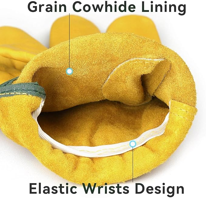 OZERO Leather Work Gloves Flex Grip Tough Cowhide Gardening Glove for Wood Cutting/Construction/Truck Driving/Garden/Yard Working for Men and Women 1 Pair (Gold,X-Large)