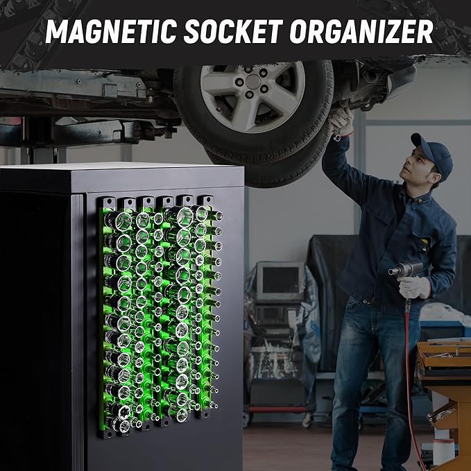 ALOANES Magnetic Socket Organizer Set, 3-Piece Heavy Duty Aluminum Socket Holder Socket Rail Organizer for Tool Box, 360° Swivel Clips Socket Rack 1/4, 3/8, 1/2-Inch x 40 Clips (Green)