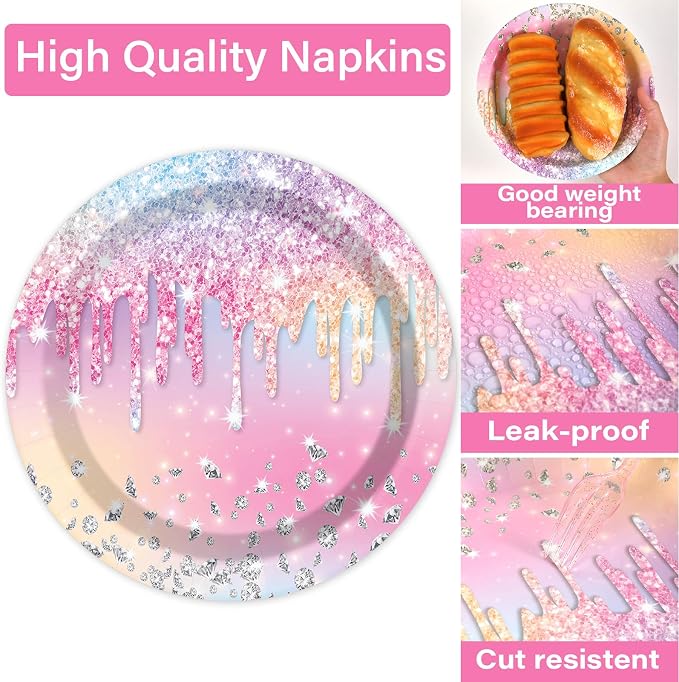 100PCS Iridescent Diamond Birthday Party Plates Napkins Forks Supplies Set - Image 4