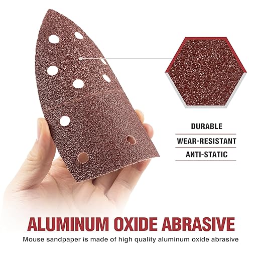 S SATC 50 PCS Mouse Sander Sandpaper 11 Holes 240 Grit Detail Sander Sandpaper Palm Sander Paper Hook and Loop Sander Pads Triangular Sanding Sheets