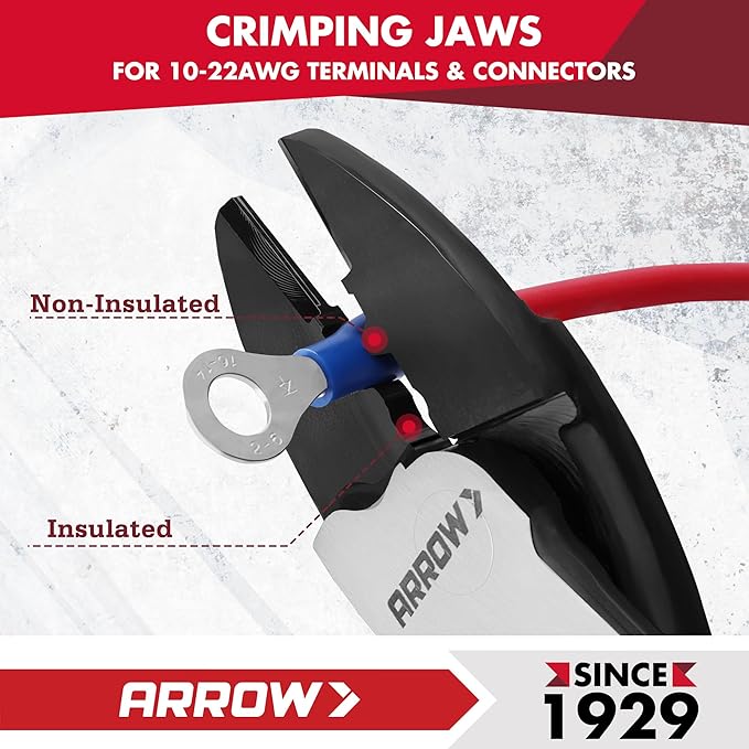 ARROW 9.5" Wire Crimper/Cutter, Wire Crimping Tool with Thick Dip-Grip Handle, CR-V Steel, Crimper Tool Electrical for 10–22 AWG Insulated & Non-Insulated Terminals and Connectors