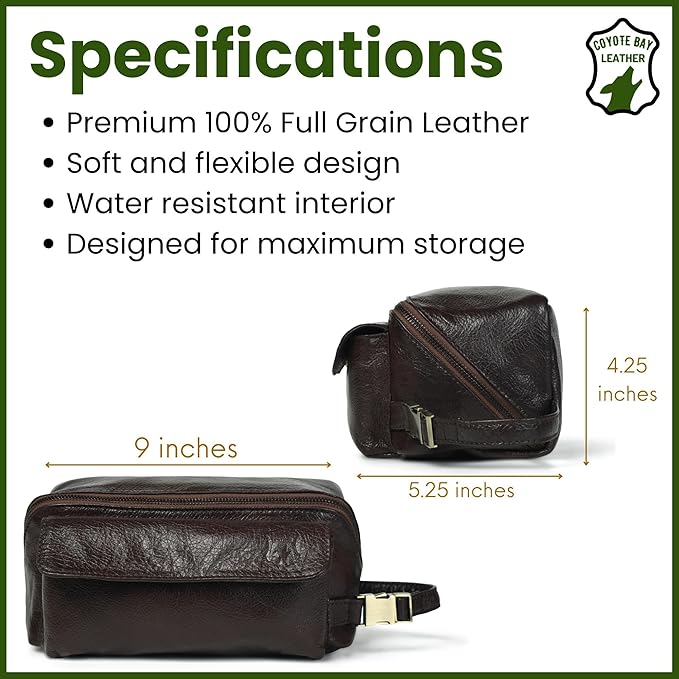 Coyote Bay® Premium Full Grain Soft Leather Makeup Bag Large 9 Inch, Travel Organizer Pouch, Shaving Kit, Cosmetics Toiletry Bathroom Organizer Kit