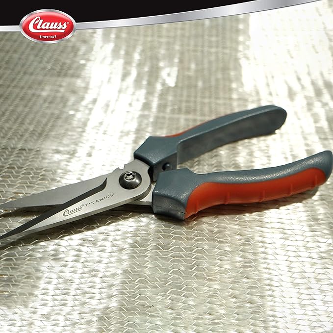 Clauss 8" Titanium Snips with Wire Cutter, Spring-Assist, Serrated Blades, Gray (18039)
