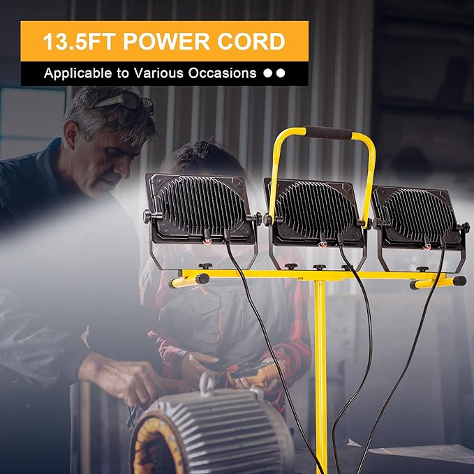 30000 Lumen Work Lights with Stand, 300W Three Head LED Work Light, Waterproof Lamp with Individual Switch, Adjustable Metal Telescoping Tripod