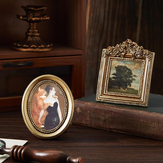 Qunclay Vintage Mini Picture Frames Set of 4, Round Rectangle Ornate Small - Image 4