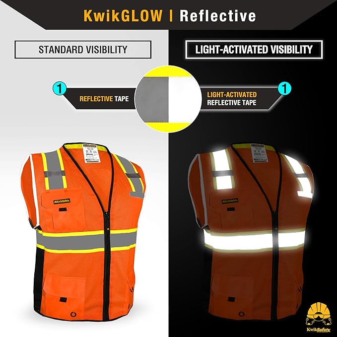 KwikSafety - Charlotte, NC - BIG KAHUNA Safety Vest [11 Pockets] Class 2 ANSI OSHA Reflective Vest Durable High Visibility Vest Construction Safety Vest for Men Industrial Work Gear/Orange Small