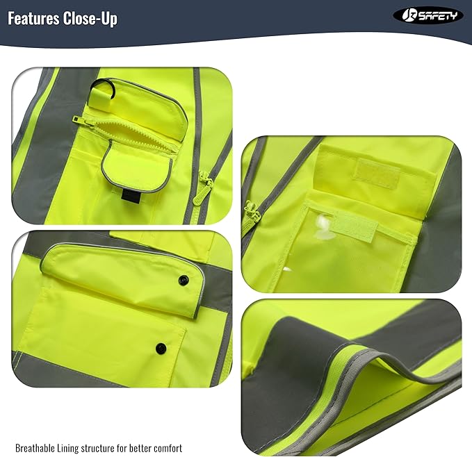 JKSafety 9 Pockets Class 2 High Visibility Zipper Front Safety Vest With Reflective Strips,Meets ANSI/ISEA Standards (5X-Large, 150-Yellow)