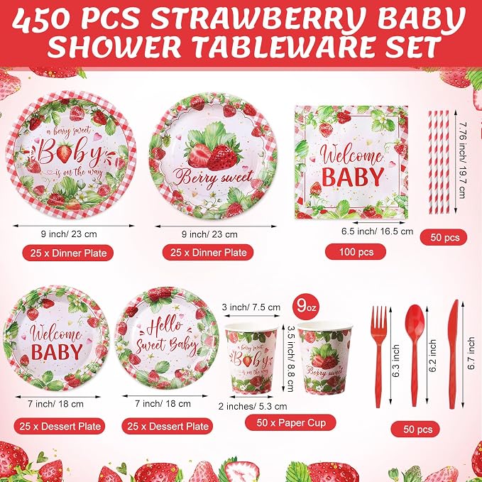 450 Pcs Strawberry Baby Shower Tableware Set Decorations A Berry Sweet Baby - Image 2