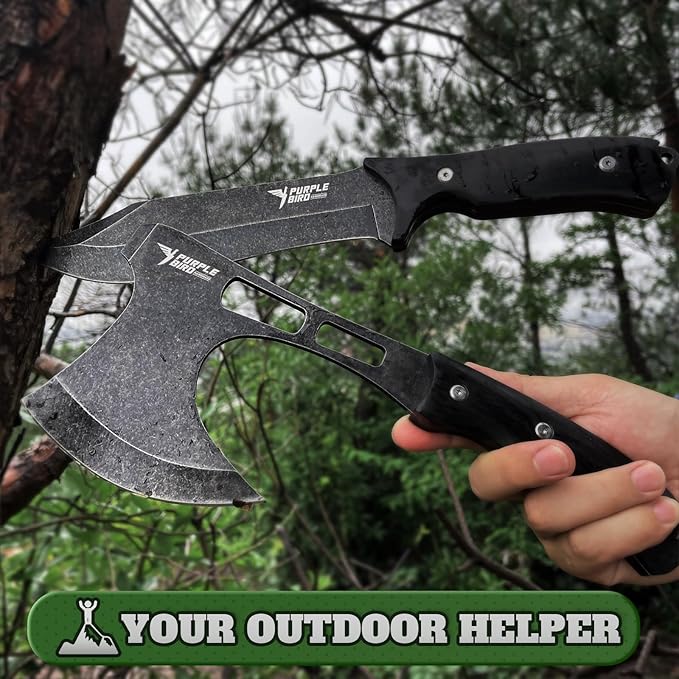 PURPLEBIRD Outdoor Survival Axe & Fixed Blade Knife Set - Full Tang Camping Hatchet and Hunting Knife with Sheath, Lightweight Small Hand Axe & Bushcraft Knives Set with Wood Handle, Gift Box for Men