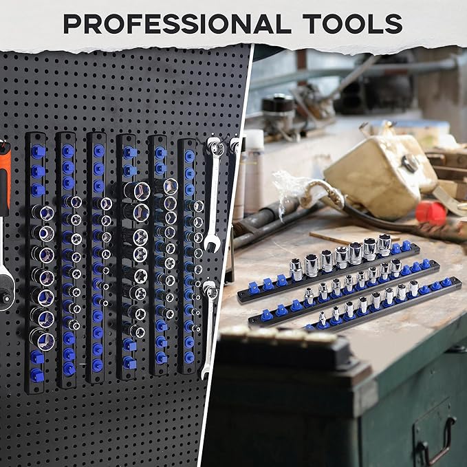 3/8-Inch Drive Magnetic Socket Organizer, Heavy Duty Aluminum Socket Rail Organizer, 360° Swivel Clips Socket Holder Kit for Tool Box, 3/8-Inch Socket Holder x 14 Clips (Blue)