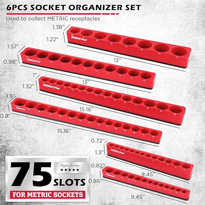 6-Piece 1/4" 3/8" 1/2"-Driver Metric Magnetic Socket Organizer Set (Holds 75 Sockets) - Detachable Tool Tray with 5mm Magnetic Base for Garage/Home(Sockets Not Included)