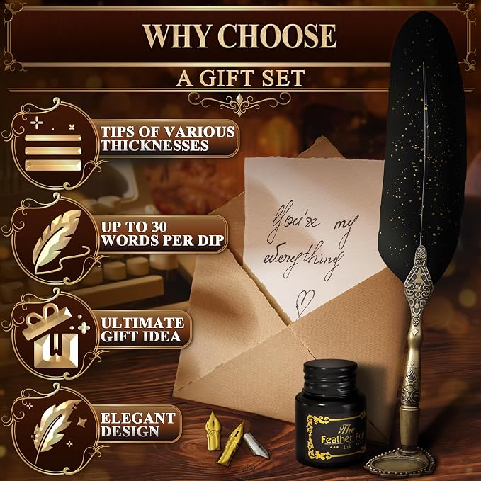 Black Feather Quill Pen and Ink Set – Feather Pen and Ink Set - Image 4