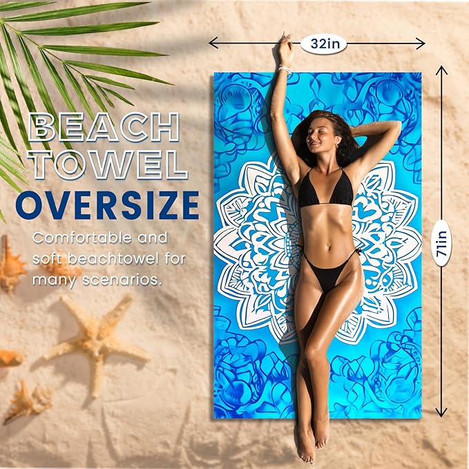 2 Pack Microfiber Beach Towel Oversized 71"x32" Sand Free Quick Dry Absorbent Lightweight Thin , Compact Towels for Travel Swimming Pool Yoga Gym Camping Beach Accessories Vacation Essentials Gift