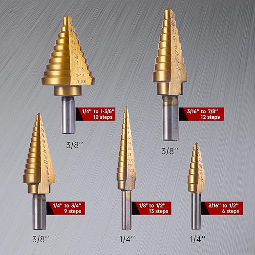 Step Drill Bits, 6PCS (50 Sizes) HSS Step Unibit Drill Bit Set with Automatic Center Punch, Double Cut Blades High-Speed Steel with Aluminum Case, Multi-Hole Stepped Up Bits for DIY Lovers
