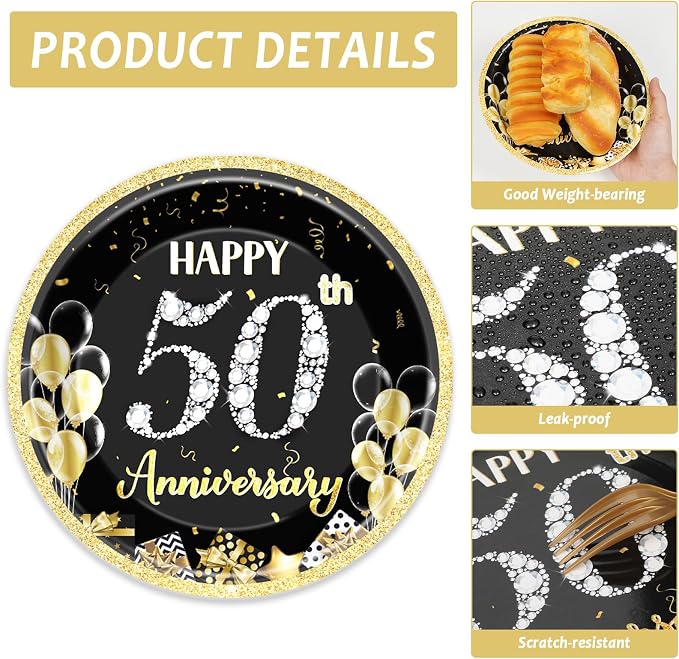 48Pcs 50th Anniversary Paper Plates Napkins Wedding Party Decorations Employee - Image 3