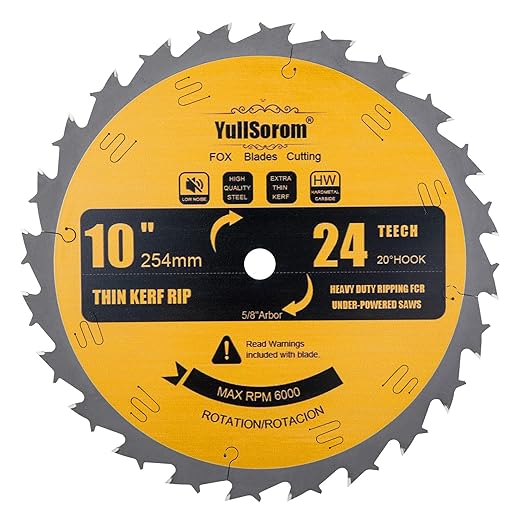10 Inch Thin Kerf Ripping Table Saw Blade TCT 24 Teeth FTG 5/8-Inch Arbor for Wood Cutting