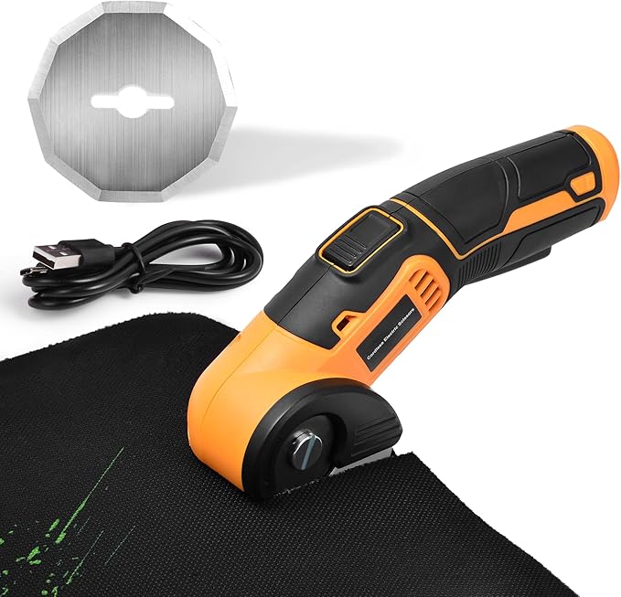 jomeda Cordless Electric Scissors, 4 V Rechargeable Rotary Cutter with Rechargeable LED Light, Safety Lock for Cutting Fabric, Cardboard, Leather, Carpet and PVC Boxes，Yellow