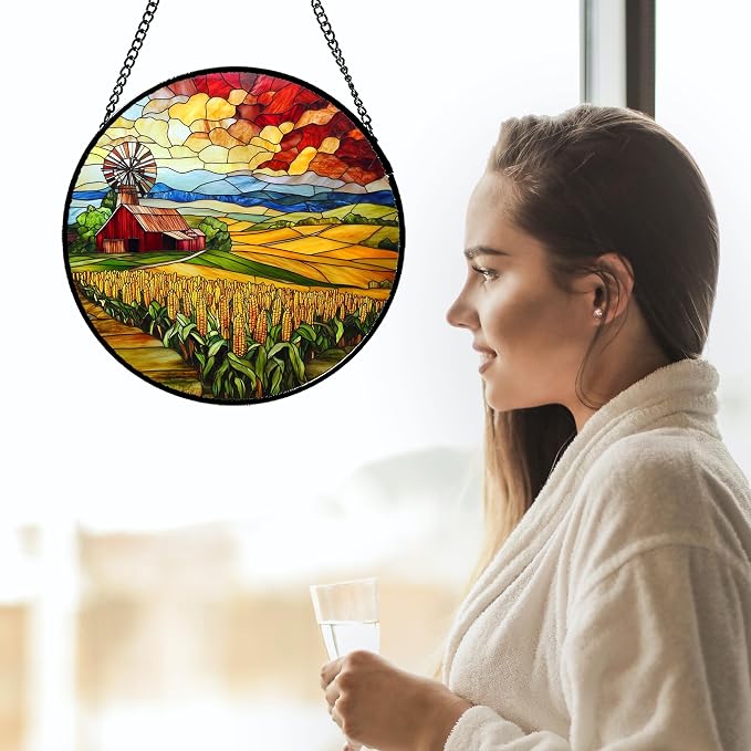 Stained Glass Window Hanging Autumn Farm Corn Harvest Landscape 9.8" - Image 2