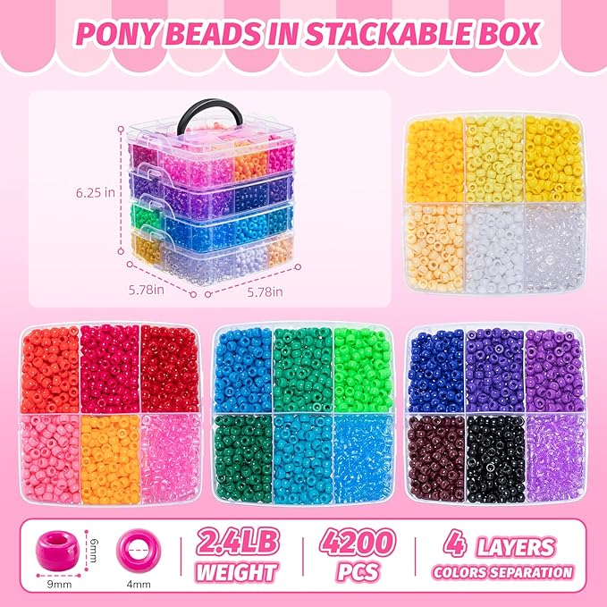 Simetufy 4200Pcs Pony Beads, 24 Assorted Colors 6x9mm Plastic Kandi Beads Bulk - Image 2
