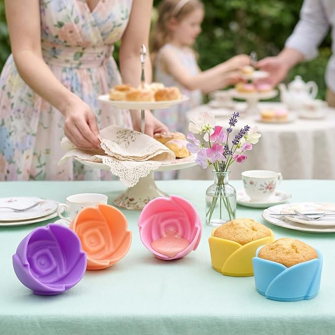 Mini Silicone Muffin Cups, 24 Pack Reusable Cupcake Molds, Rose | Nonstick 2 - Image 8