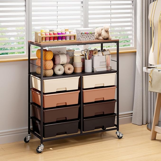 Rolling Cart with 8 Drawers, Storage Drawer Cart with Wooden Tabletop, Lockable - Image 2