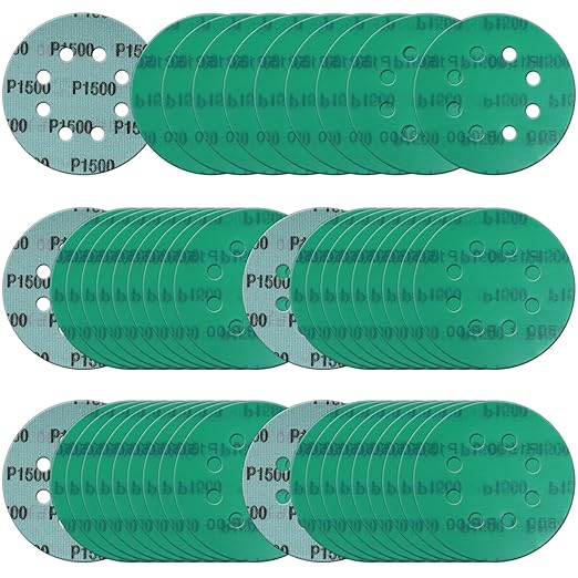 5 Inch 8 Hole Sanding Discs, 50 Pcs Wer Dry Sandpaper 1500 Grit Hook and Loop Green Polyester Film Backed Sanding Disc for Random Orbital Sander Wood Car Metal Plastic (1500 Grit, 50 Pack)