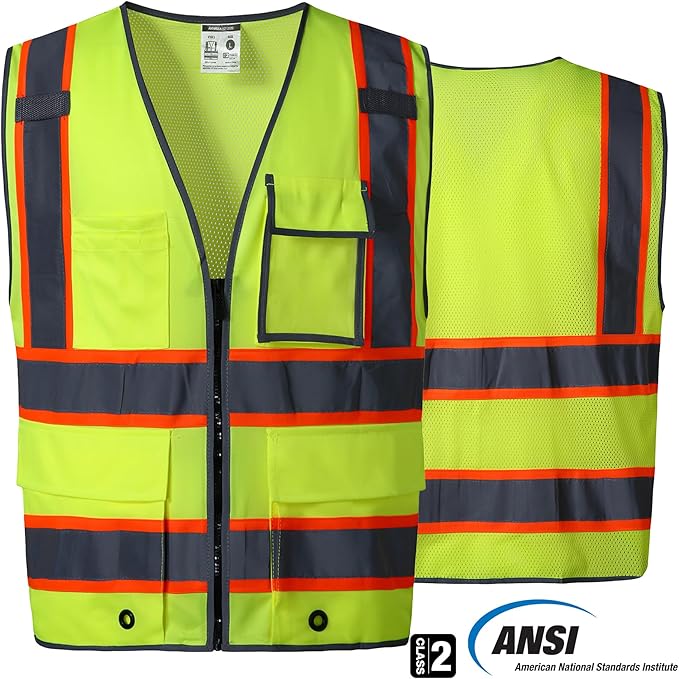 SKSAFETY 10 Pockets Safety Vest, Class 2 High Visibility Security with Zipper Back Mesh, Hi Vis Vest with Reflective Strips, ANSI/ISEA Standard, Construction Work Vest for Men ＆ Women （Lime, 2XL）