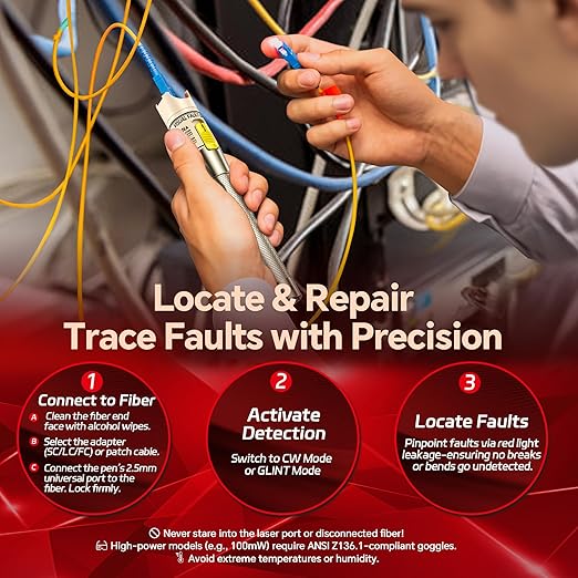VFL Visual Fault Locator 100mw Fiber Optic Cable Troubleshoot Kit 2.5 mm Universal Connector, with 1pc FC to LC Adapter for Telecommunications & CATV Maintenance