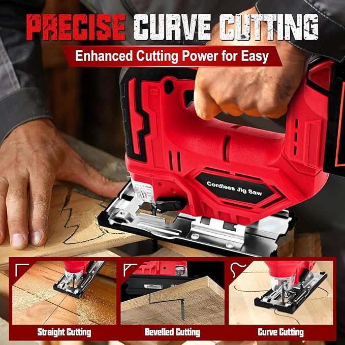 Cordless Jigsaw for Milwaukee 18V Batteries, Brushless Jig Saw Tool with 3 Position Orbital Settings, Adjustable Bevel Cuts (0-45°), Tool-Free Blade Change, LED Light(Tool Only)