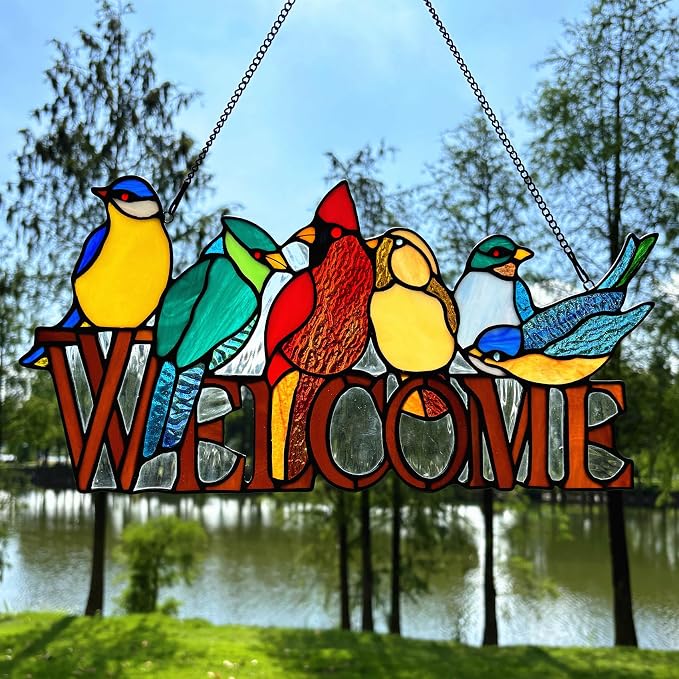 6 Birds Stained Glass Welcome Sign - Image 2