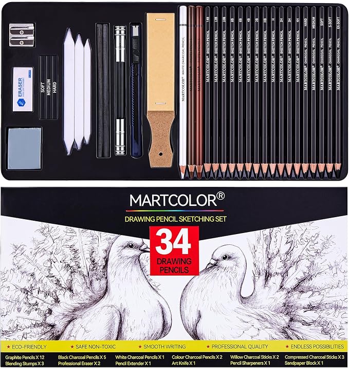 MARTCOLOR Drawing Sketching Pencils Set, 34 Pieces Pro Art Pencil Kit by MARTCOLOR