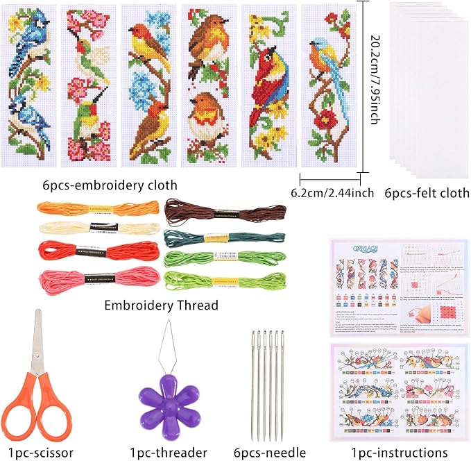 ORIGACH 6 Set Birds Cross Stitch Bookmark Kit - Image 2