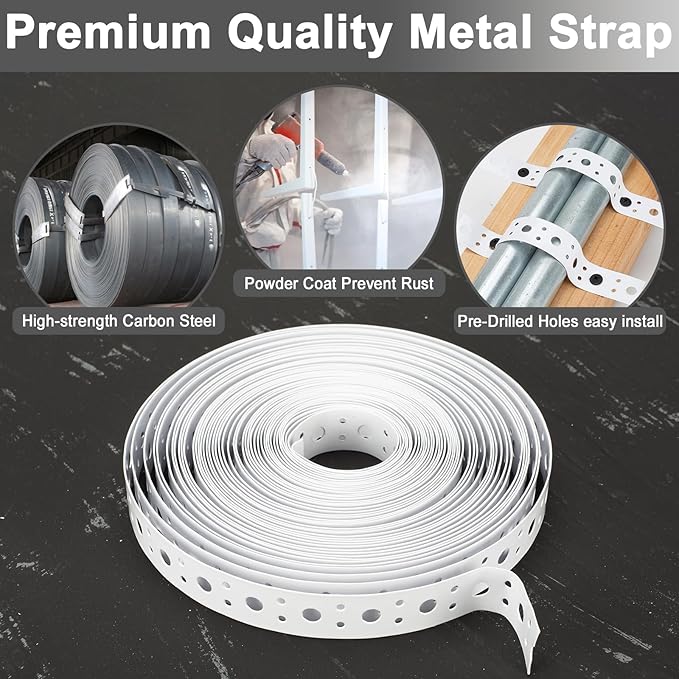 White Metal Strap 1-Inch x 50FT 0.6mm Thickness Galvanized Pipe Hanger Strap Metal Strapping with Holes Plumbers Strap for Pipe Supports Hanging