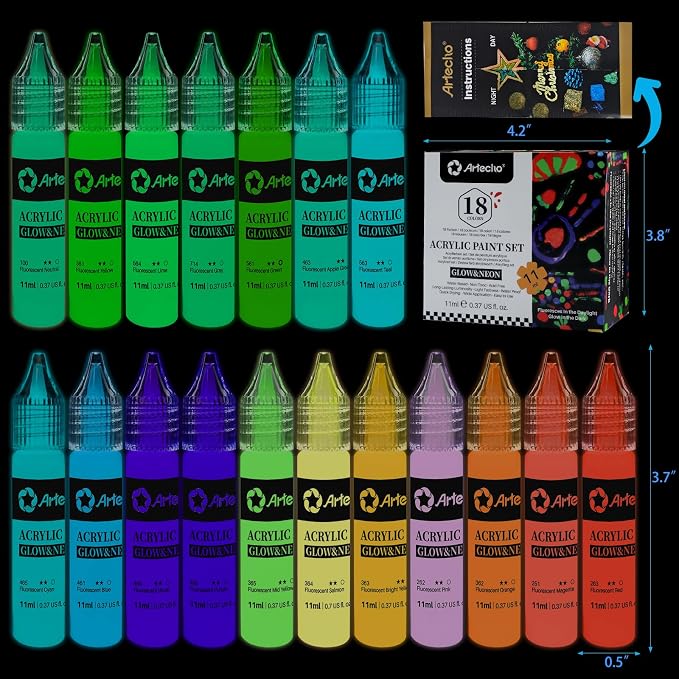 Artecho Glow in the Dark Acrylic Paint Set – 18 Colors x 11ml | Non-Toxic - Image 4