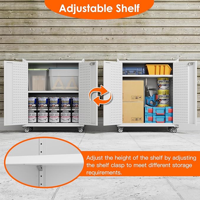 Metal Storage Cabinet on Wheels, Metal Tool Cabinet with Wheels&Pegboard&Handle&Hooks&Adjustable Shelf for Home Office Garage Warehouse Utility Room, Assembly Required, White,13.8"D x 26"W x 34.3"H