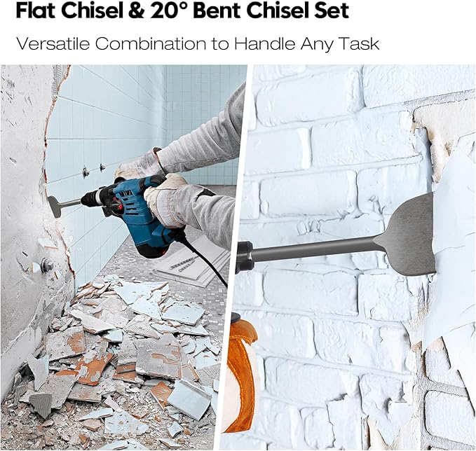 2Pcs SDS Plus Chisels Set, Flat & 20° Bent, 3” x 10” Tile Removal Bits in 40Cr Alloy Steel, Fits Most Rotary Hammers & Impact Drills, for Concrete, Tile, Stone & Other Construction Materials